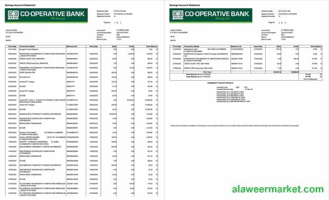 Kenya Co-operative Bank account statement Word and PDF template, 2 pages
